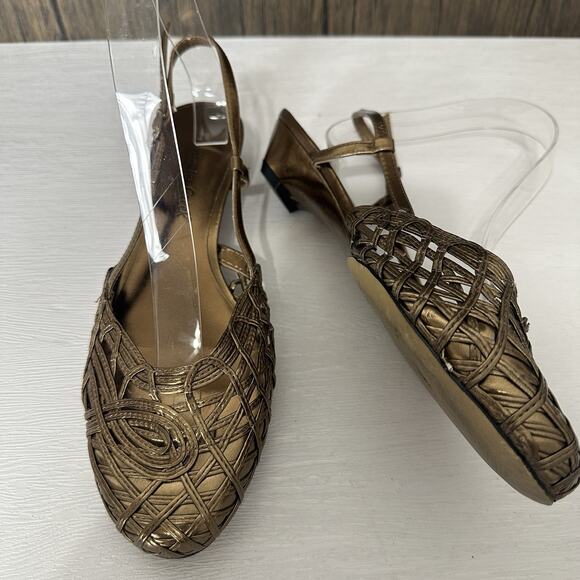 Coldwater Creek Shoes Women 7.5 Gold Bronze Metallic Woven Slingback Kitten Heel - Picture 3 of 12